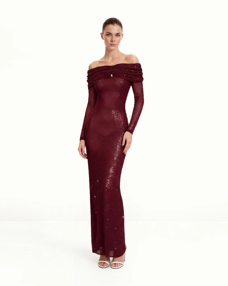 Strass-Netz-Off-Shoulder Maxikleid - Weinrot