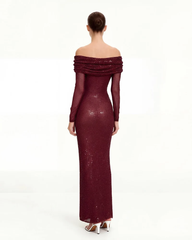 Strass-Netz-Off-Shoulder Maxikleid - Weinrot