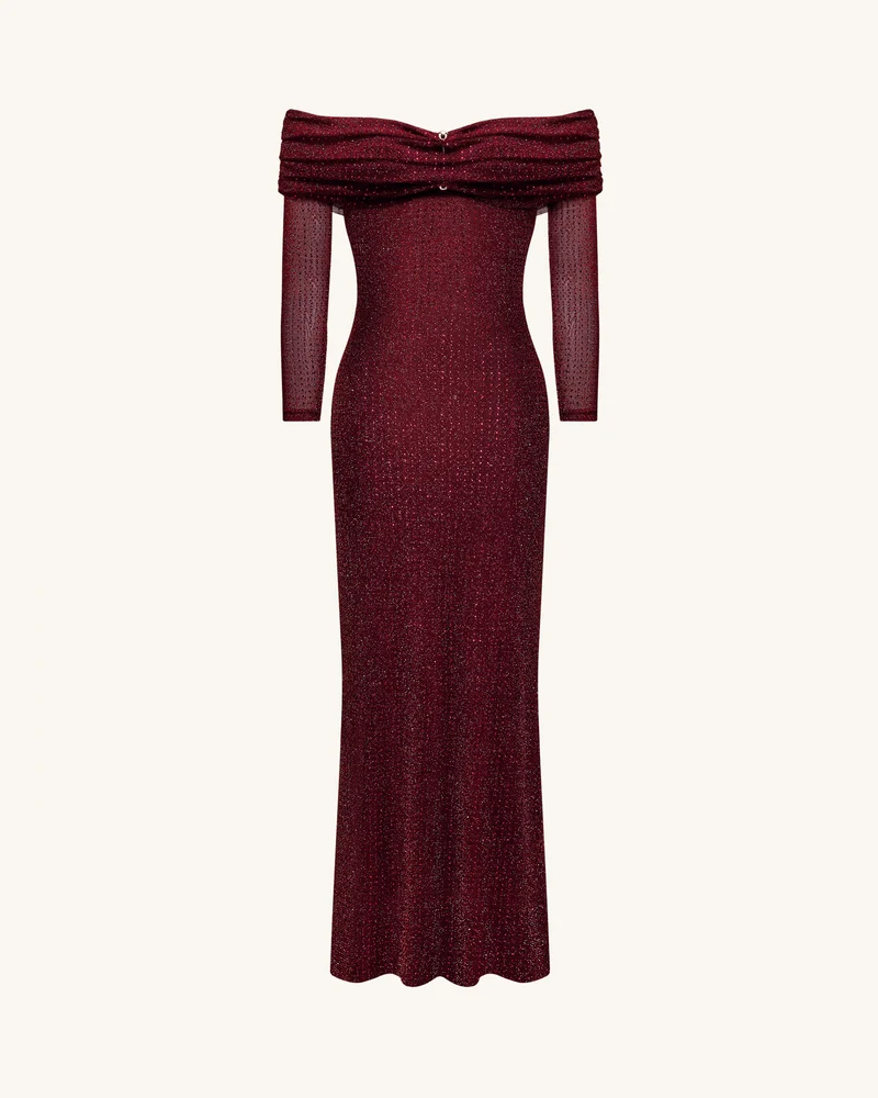 Strass-Netz-Off-Shoulder Maxikleid - Weinrot