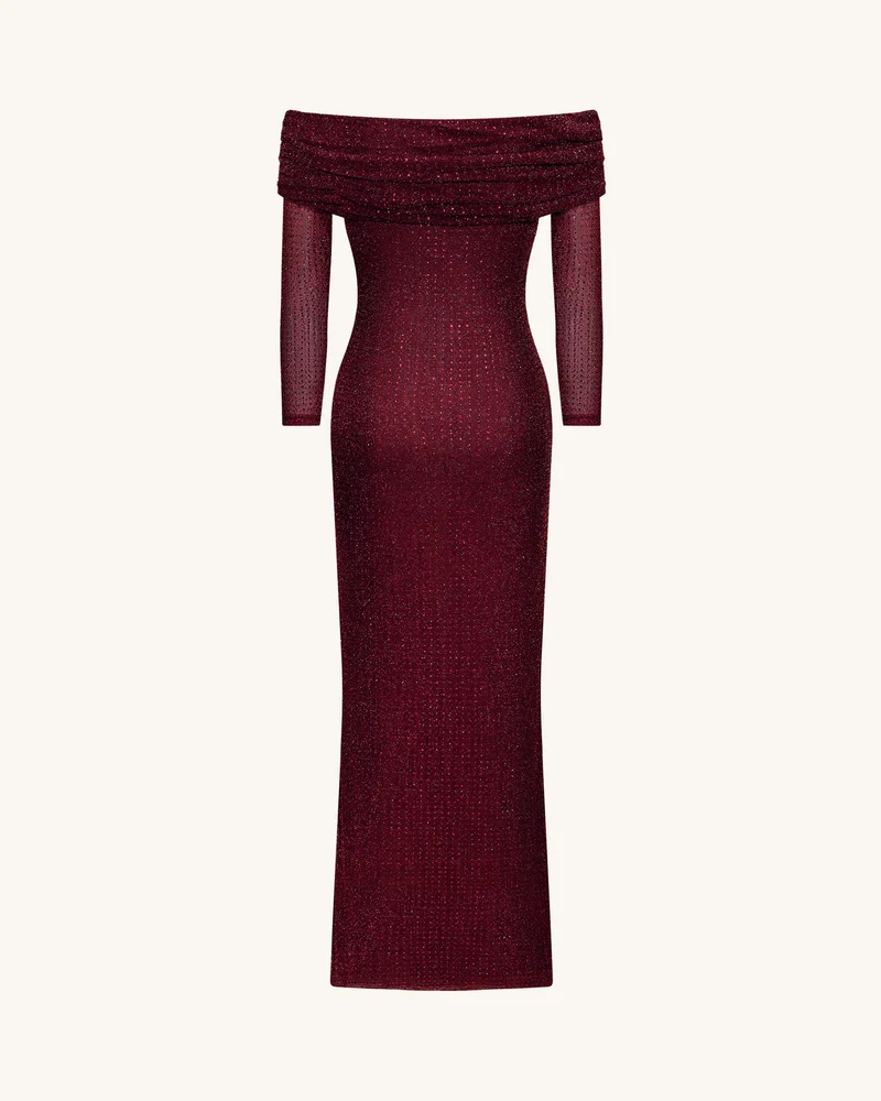 Strass-Netz-Off-Shoulder Maxikleid - Weinrot