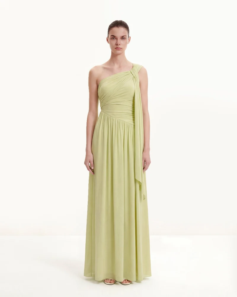 Gerüschtes One-Shoulder Maxikleid mit Schleppe - Grün