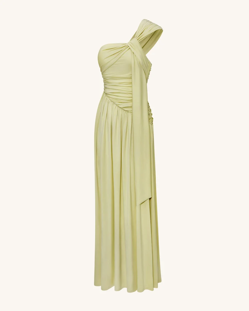Gerüschtes One-Shoulder Maxikleid mit Schleppe - Grün