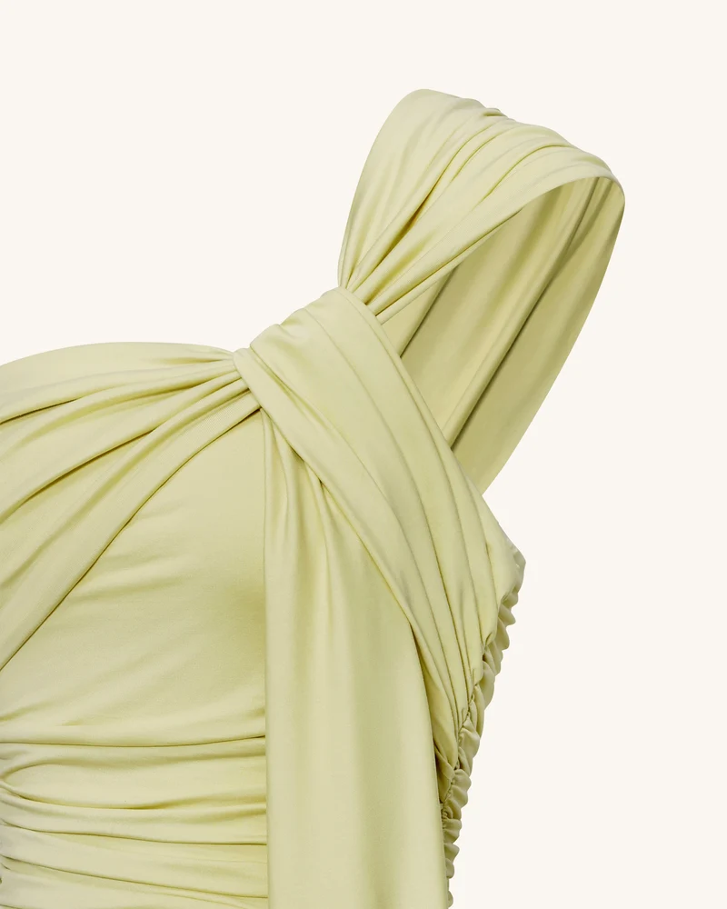 Gerüschtes One-Shoulder Maxikleid mit Schleppe - Grün