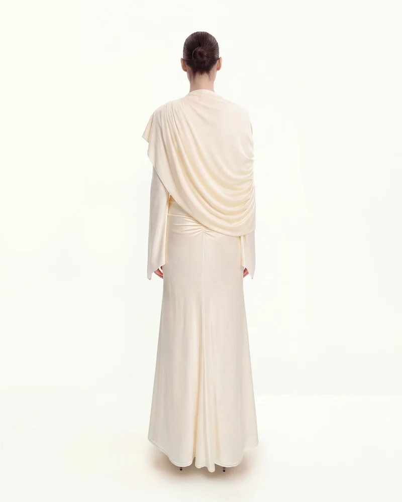 Durchsichtiges Schal-Maxikleid mit Raffung und Bodycon-Schnitt - Creme