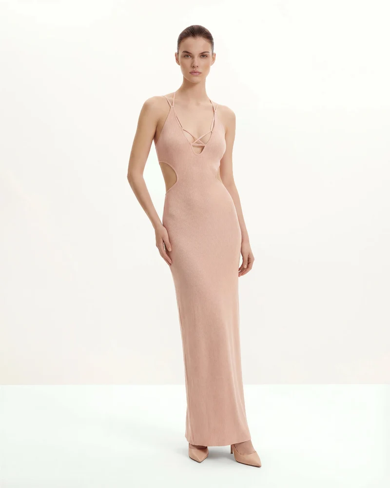 Geripptes Knit Maxikleid mit Cutout - Rosa