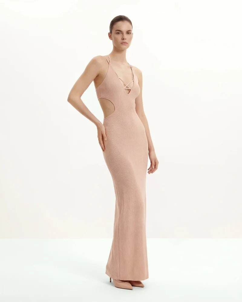 Geripptes Knit Maxikleid mit Cutout - Rosa