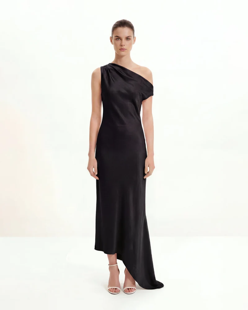 Satiniertes, drapiertes asymmetrisches One-Shoulder-Kleid - Schwarz