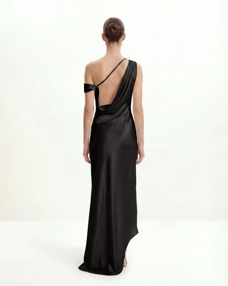 Satiniertes, drapiertes asymmetrisches One-Shoulder-Kleid - Schwarz