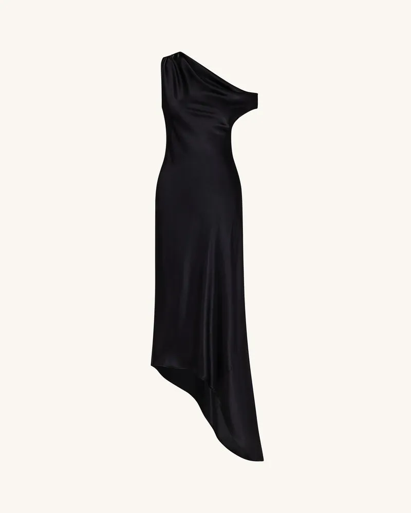 Satiniertes, drapiertes asymmetrisches One-Shoulder-Kleid - Schwarz