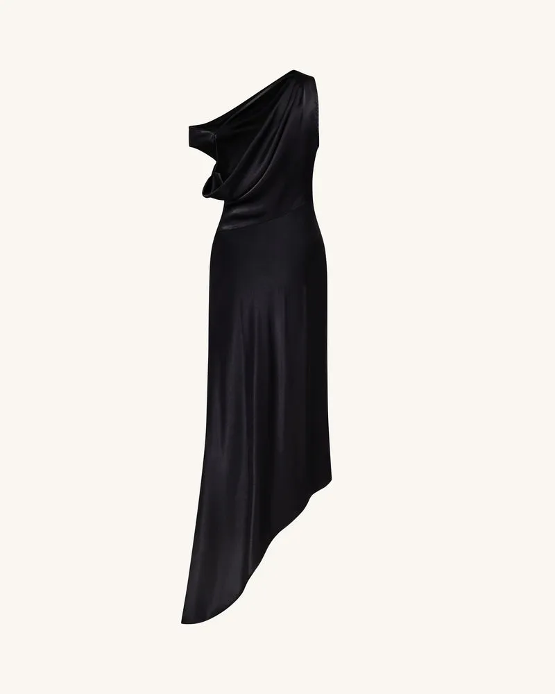 Satiniertes, drapiertes asymmetrisches One-Shoulder-Kleid - Schwarz