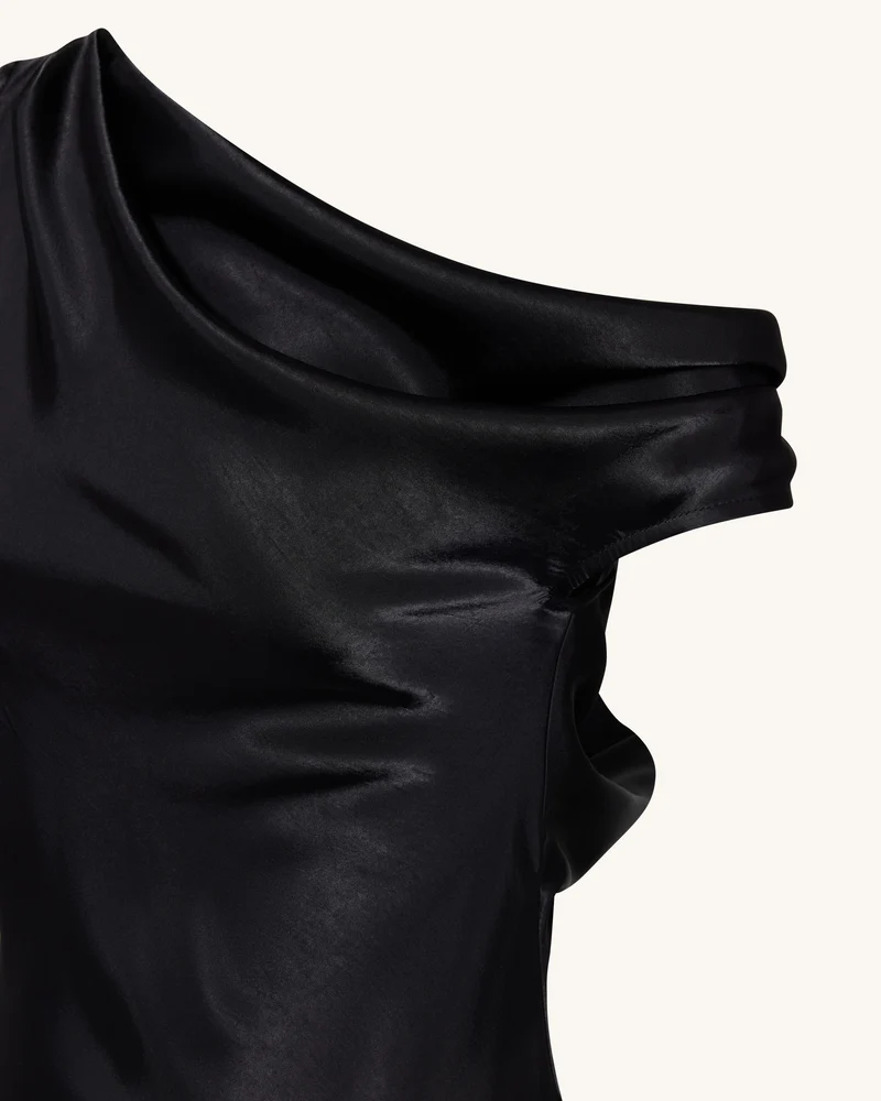 Satiniertes, drapiertes asymmetrisches One-Shoulder-Kleid - Schwarz