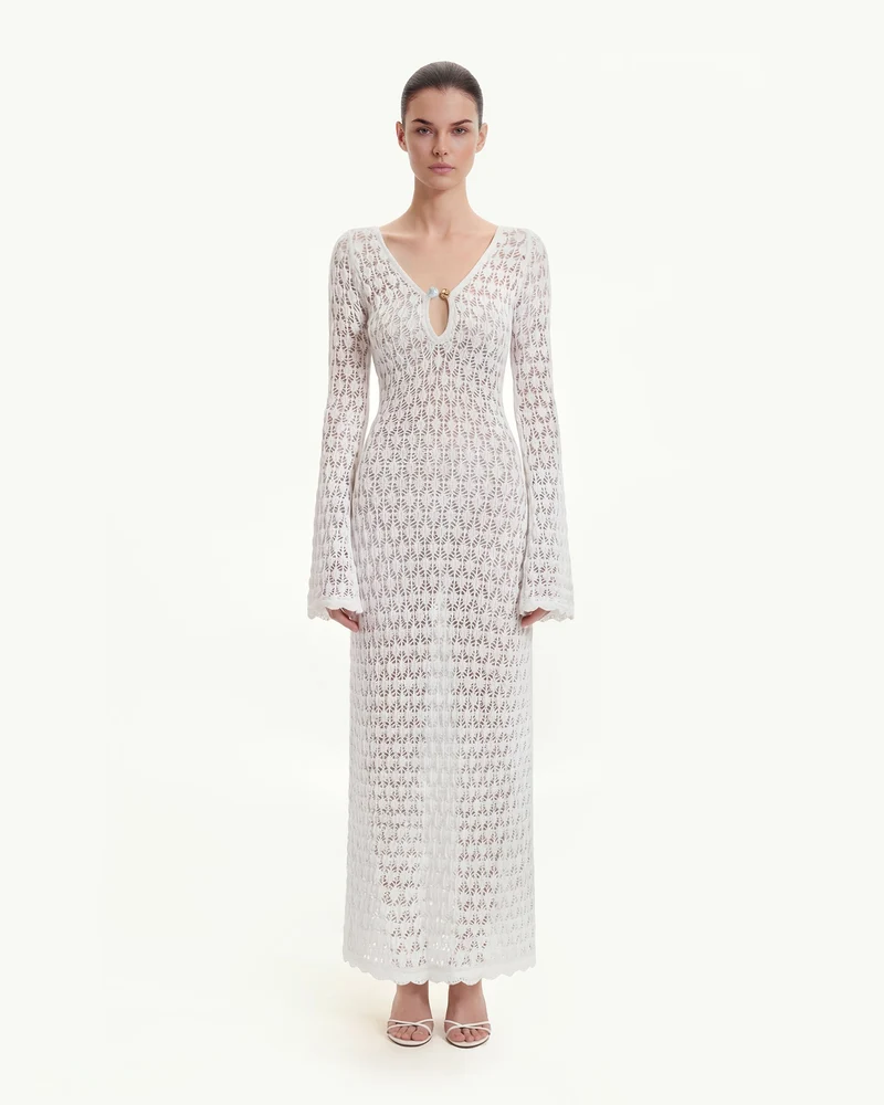 Pointelle Knit Maxikleid mit Schlüsselloch - Weiß