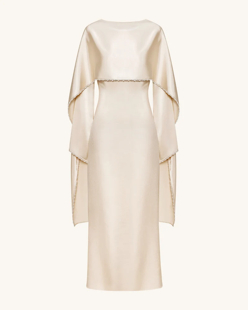 198Perlenbesetztes Maxikleid mit Umhangärmeln und U-Boot-Ausschnitt - Creme