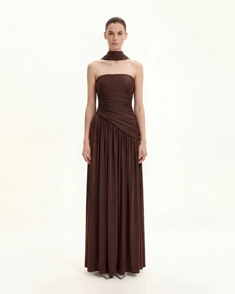 Maxikleid ohne Träger mit Raffung - Braun