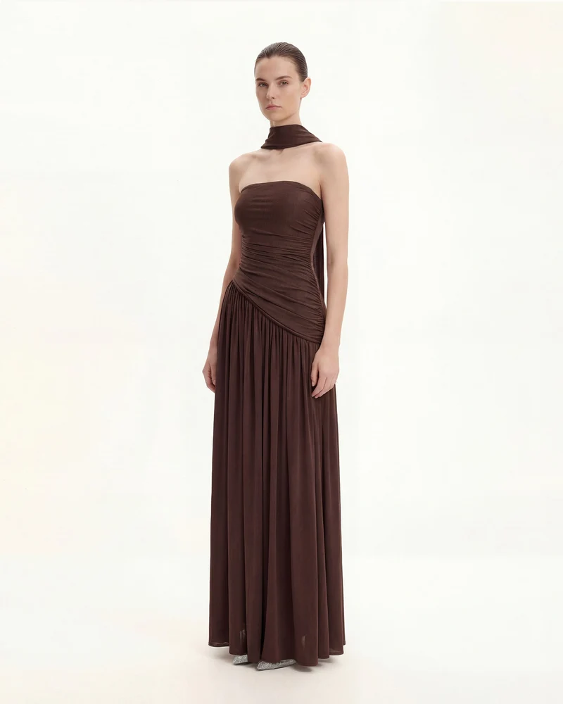 Maxikleid ohne Träger mit Raffung - Braun