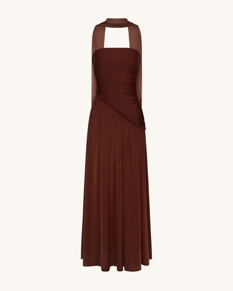 Maxikleid ohne Träger mit Raffung - Braun