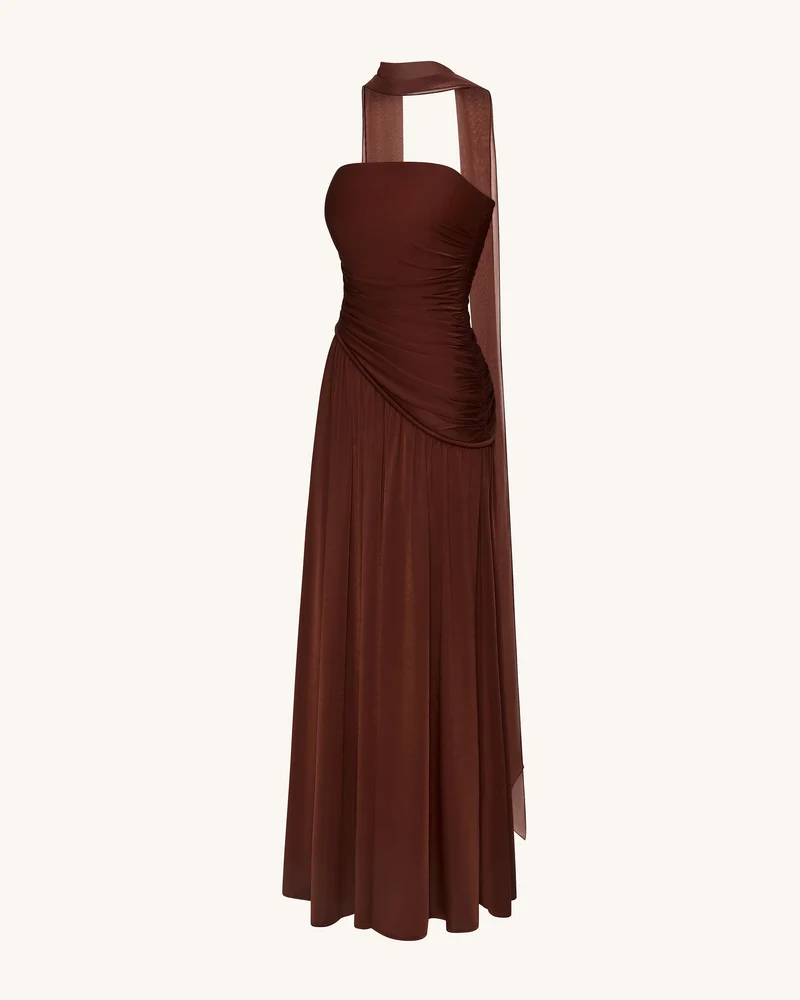 Maxikleid ohne Träger mit Raffung - Braun
