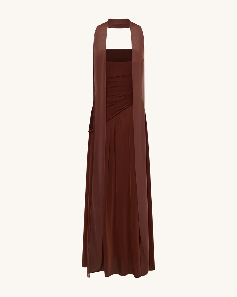 Maxikleid ohne Träger mit Raffung - Braun