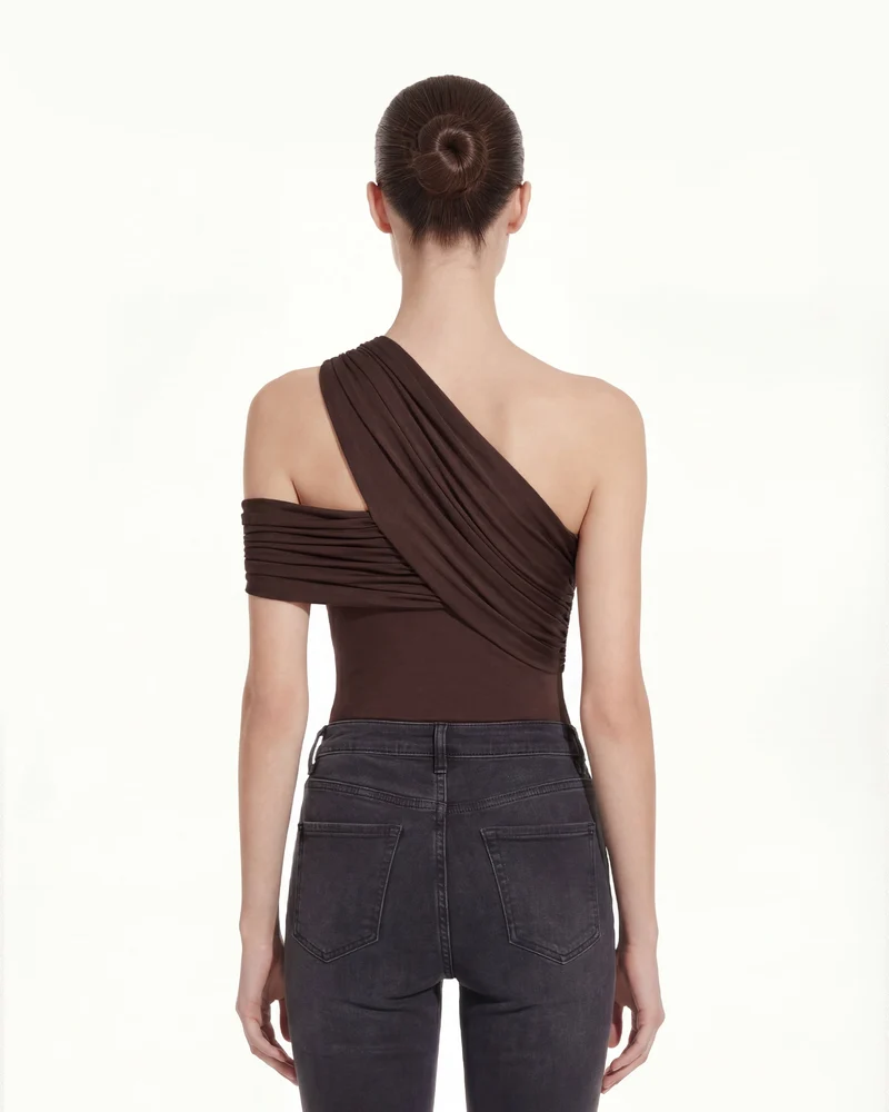 Asymmetrisches One-Shoulder-Oberteil mit Raffung - Braun