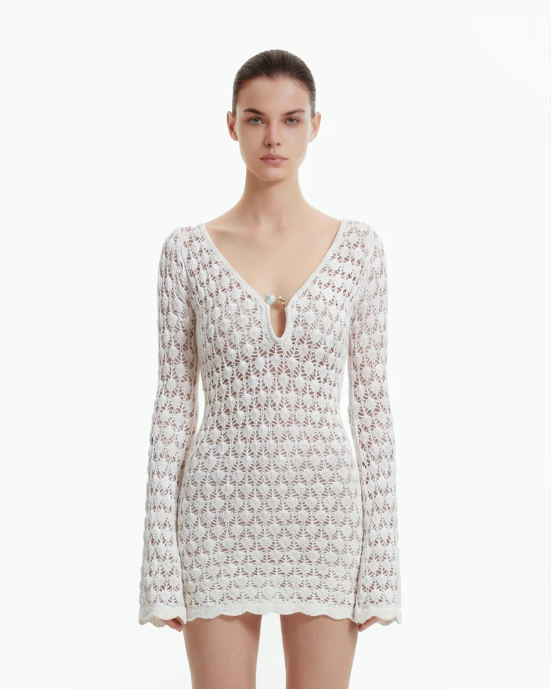 Pointelle Knit Minikleid mit Schlüsselloch - Weiß