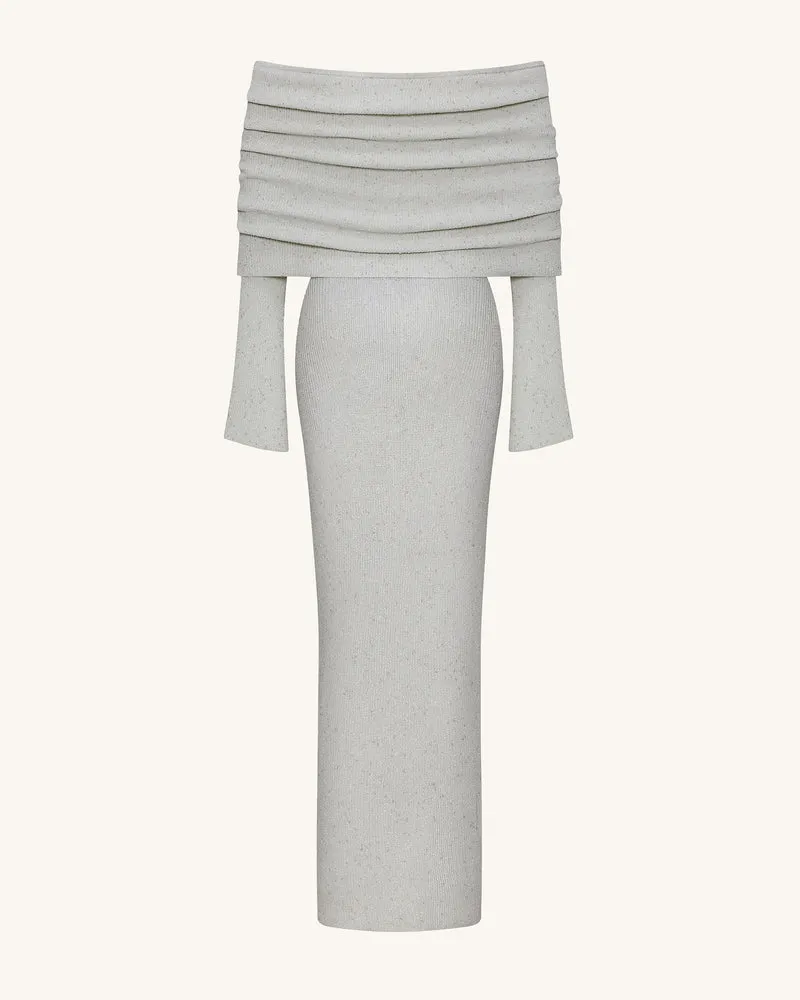 Knit Maxikleid mit schulterfreiem Ausschnitt - Creme