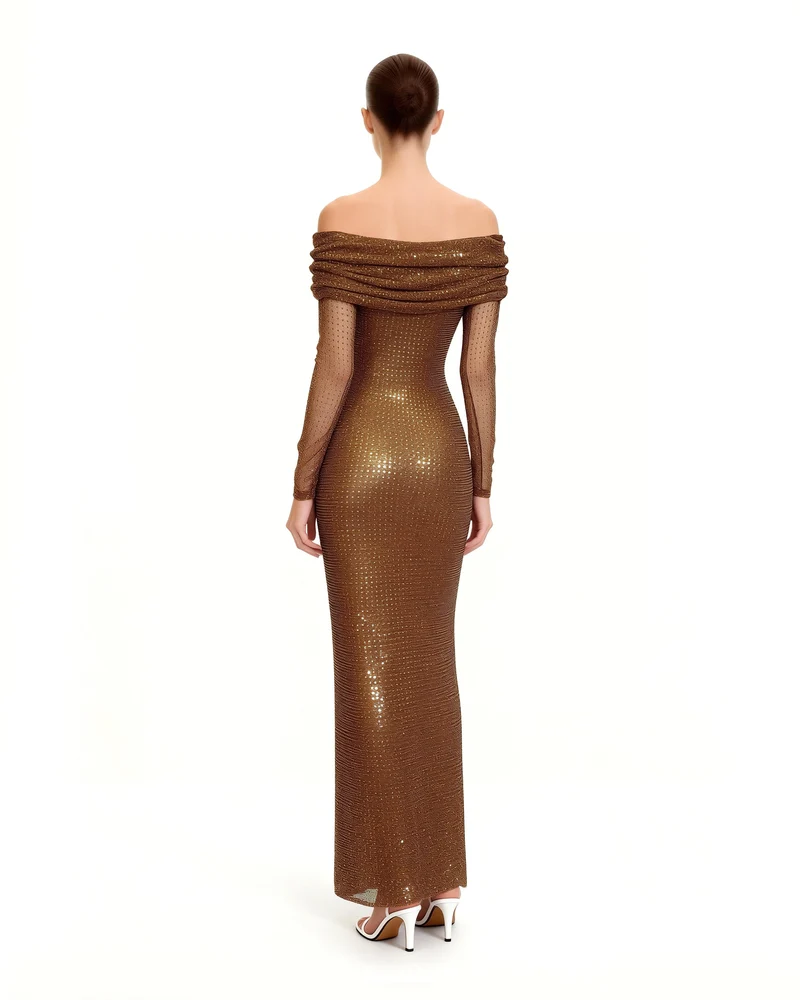 Strass-Netz Maxikleid mit schulterfreiem Ausschnitt - Braun