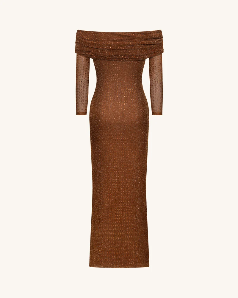 Strass-Netz Maxikleid mit schulterfreiem Ausschnitt - Braun