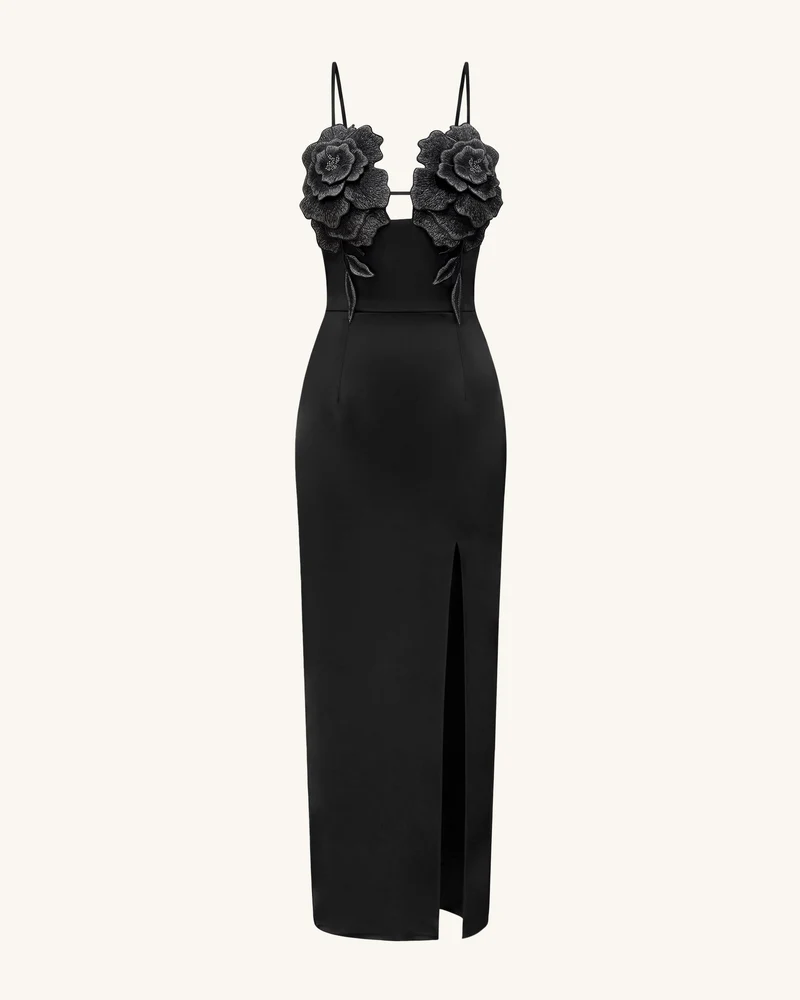 3D Blumen-Maxikleid mit Trägern - Schwarz
