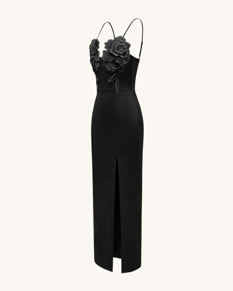3D Blumen-Maxikleid mit Trägern - Schwarz