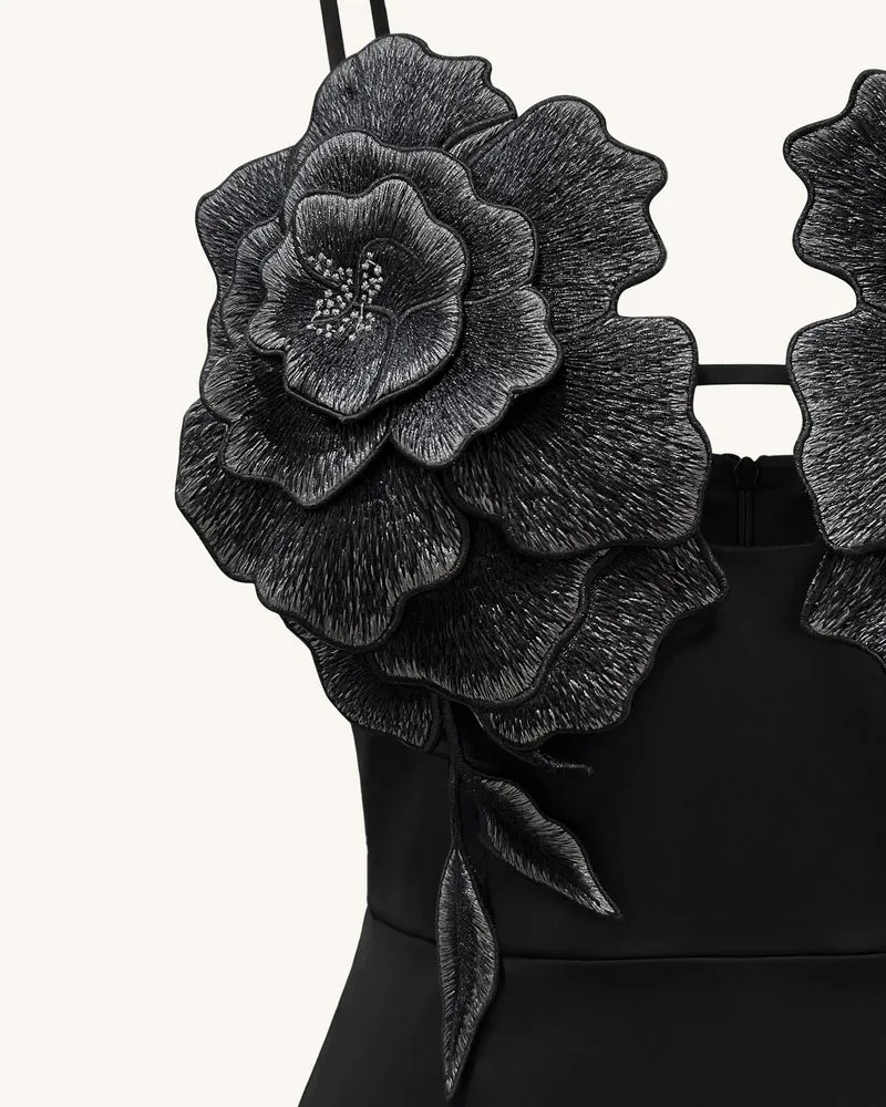3D Blumen-Maxikleid mit Trägern - Schwarz