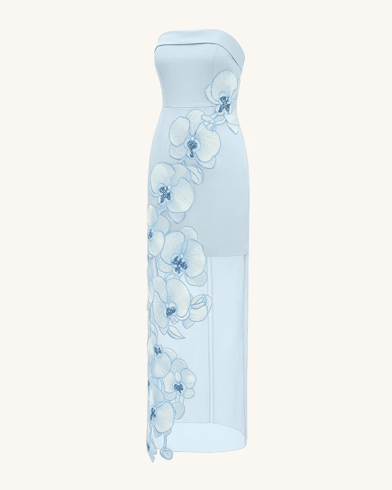 Kleid mit Orchideenstickerei – Hellblau