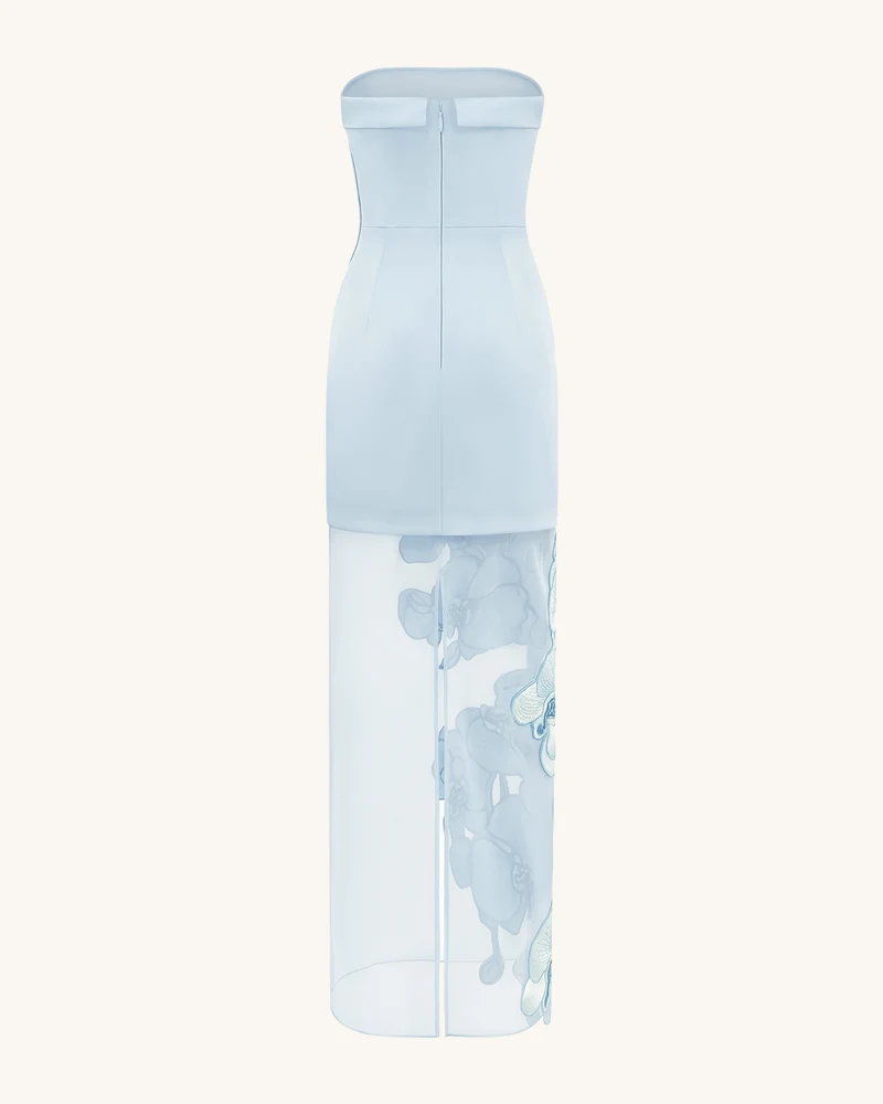 Kleid mit Orchideenstickerei – Hellblau
