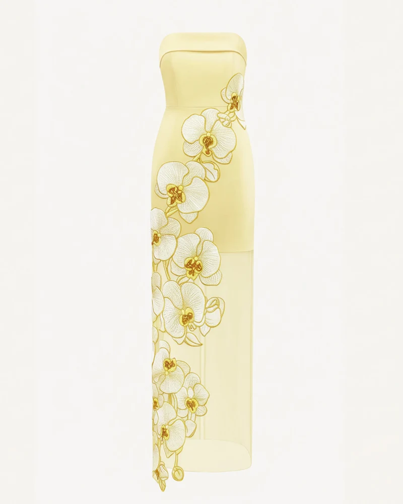 Kleid mit Orchideenstickerei – Gelb