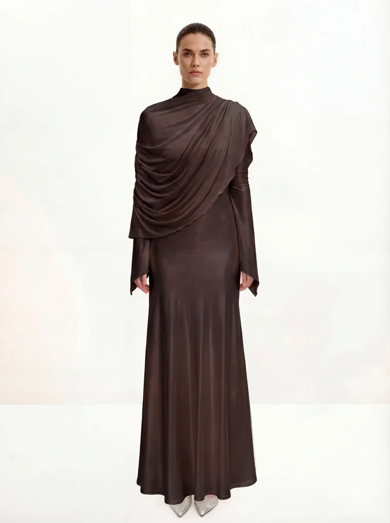 Transparenter Schal Gerafftes Figurbetontes Maxikleid - Braun