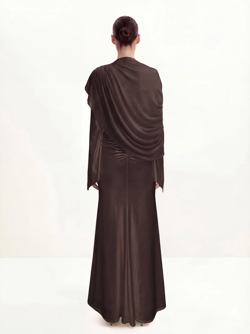 Transparenter Schal Gerafftes Figurbetontes Maxikleid - Braun
