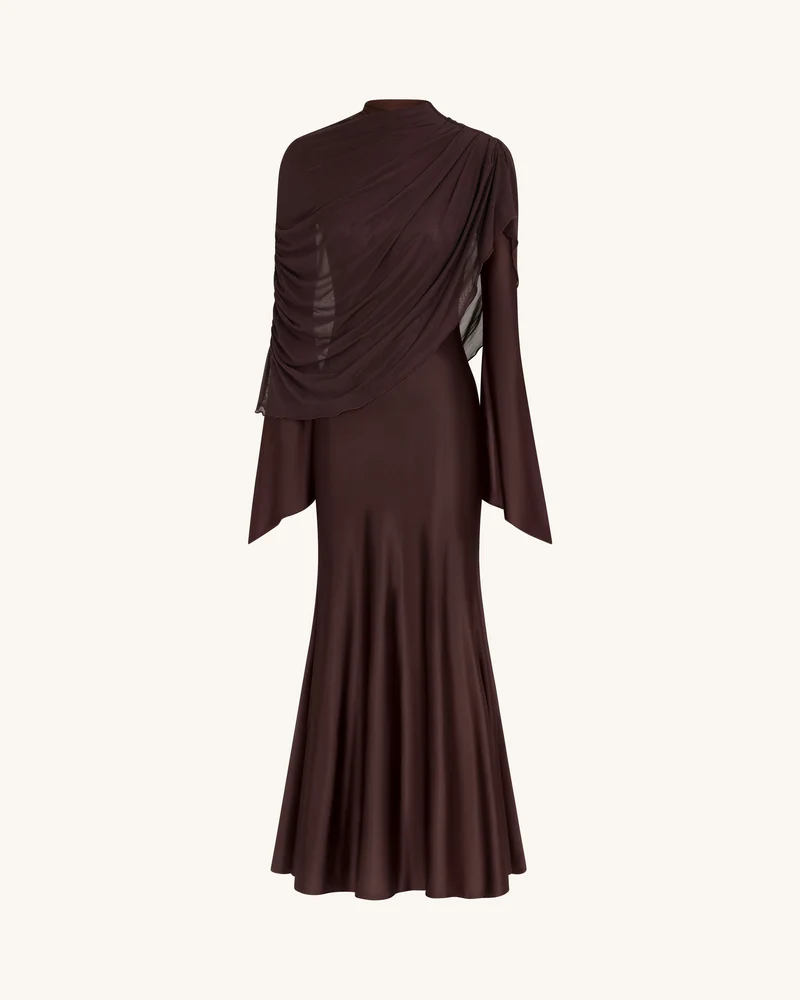 Transparenter Schal Gerafftes Figurbetontes Maxikleid - Braun