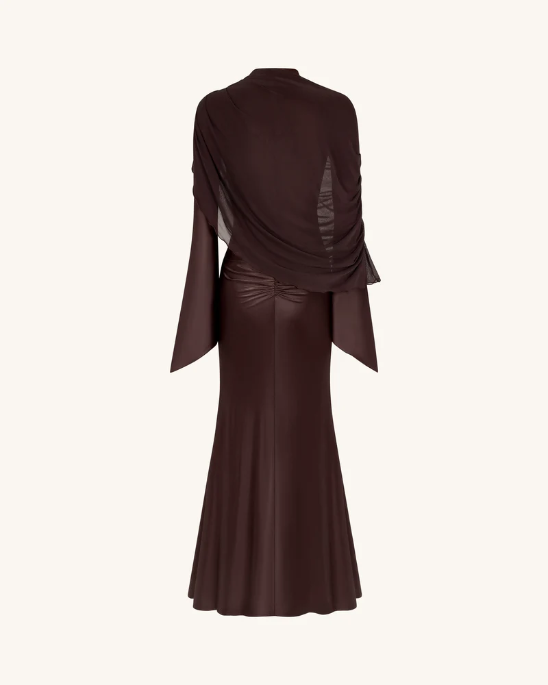 Transparenter Schal Gerafftes Figurbetontes Maxikleid - Braun