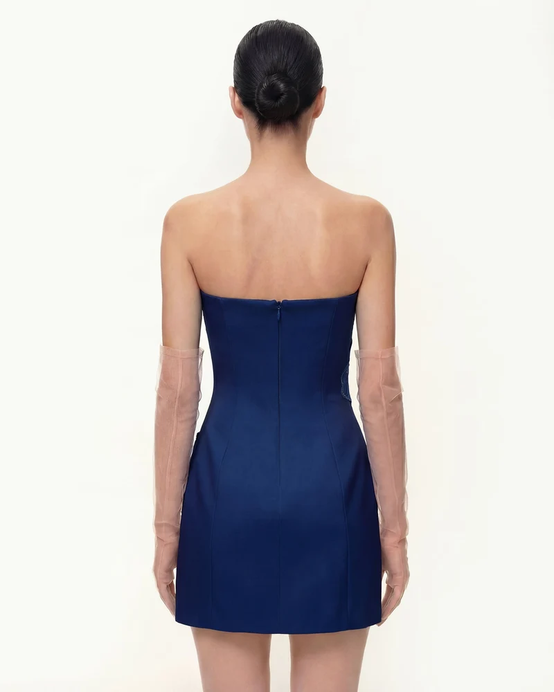 Iris Blumendruck Trägerloses Kleid – Marineblau