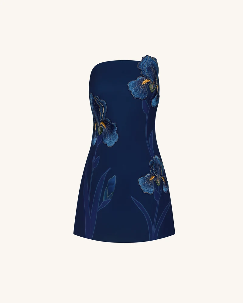 Iris Blumendruck Trägerloses Kleid – Marineblau