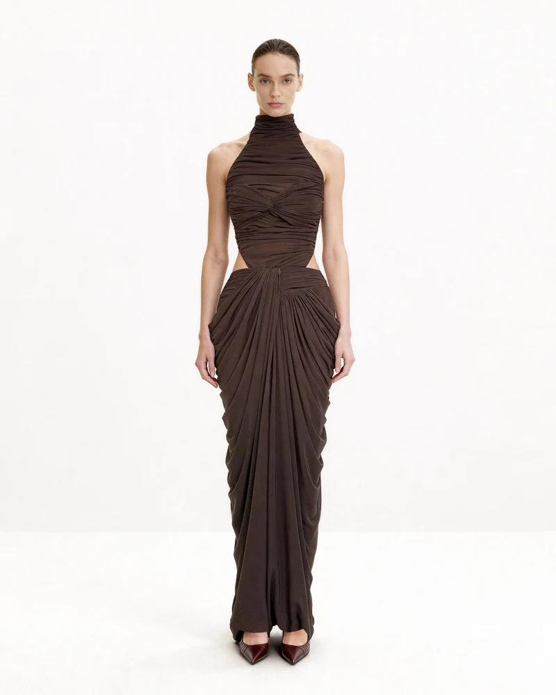 Geraffter Halterneck-Body mit Twist-Detail vorne – Braun