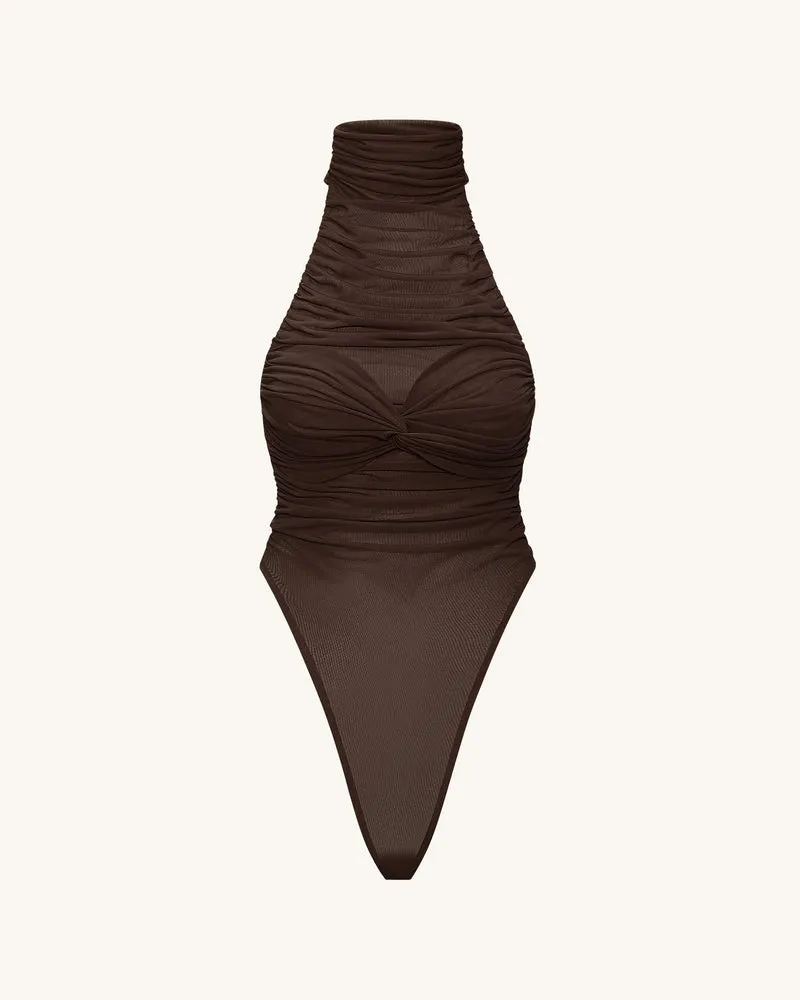 Geraffter Halterneck-Body mit Twist-Detail vorne – Braun