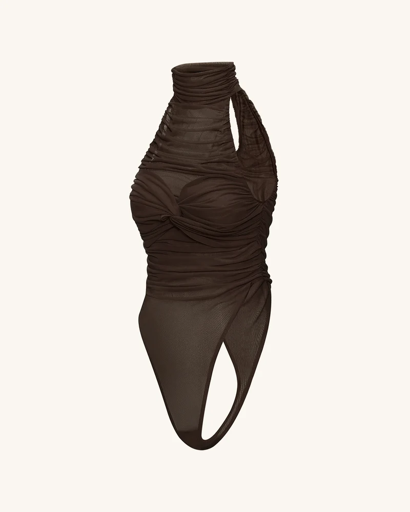 Geraffter Halterneck-Body mit Twist-Detail vorne – Braun