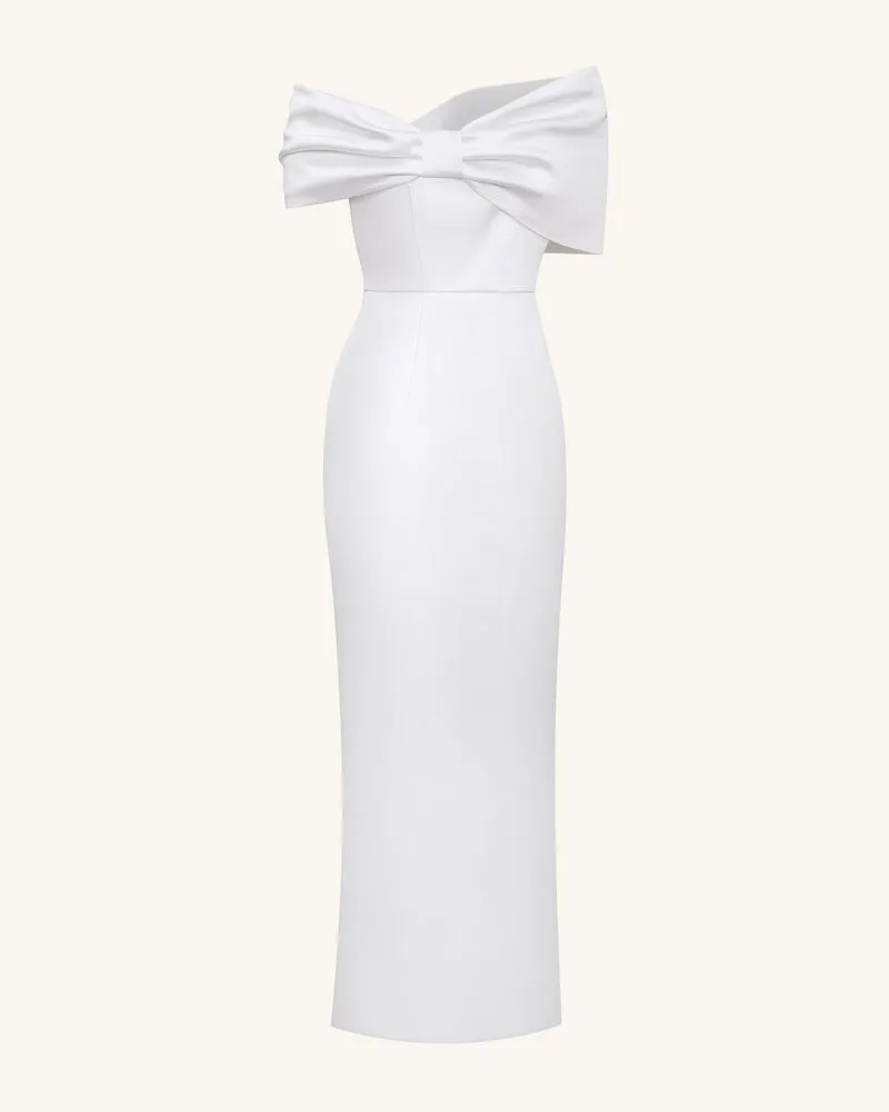 Satin-Maxikleid mit asymmetrischer Schleife – Weiß