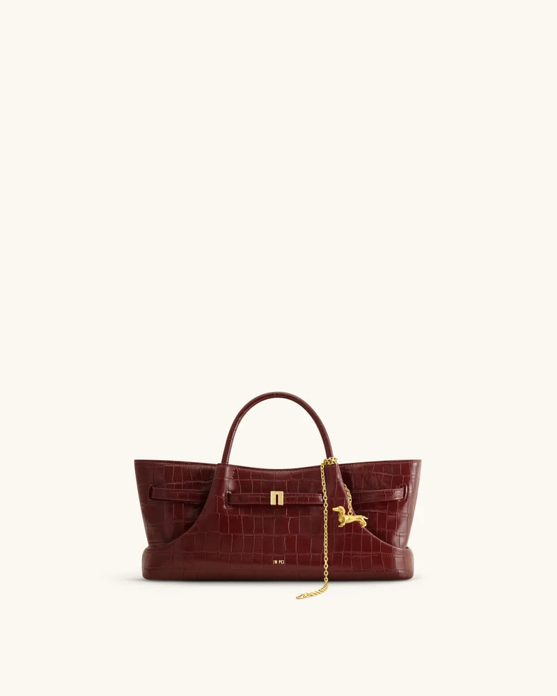 Maeve Tote Bag mit Dackel-Metallanhänger – Burgund in Kroko-Optik