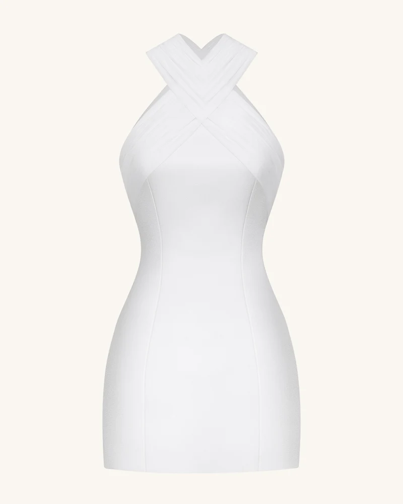 Satin-Minikleid mit gekreuztem Tüll-Neckholder – Weiß