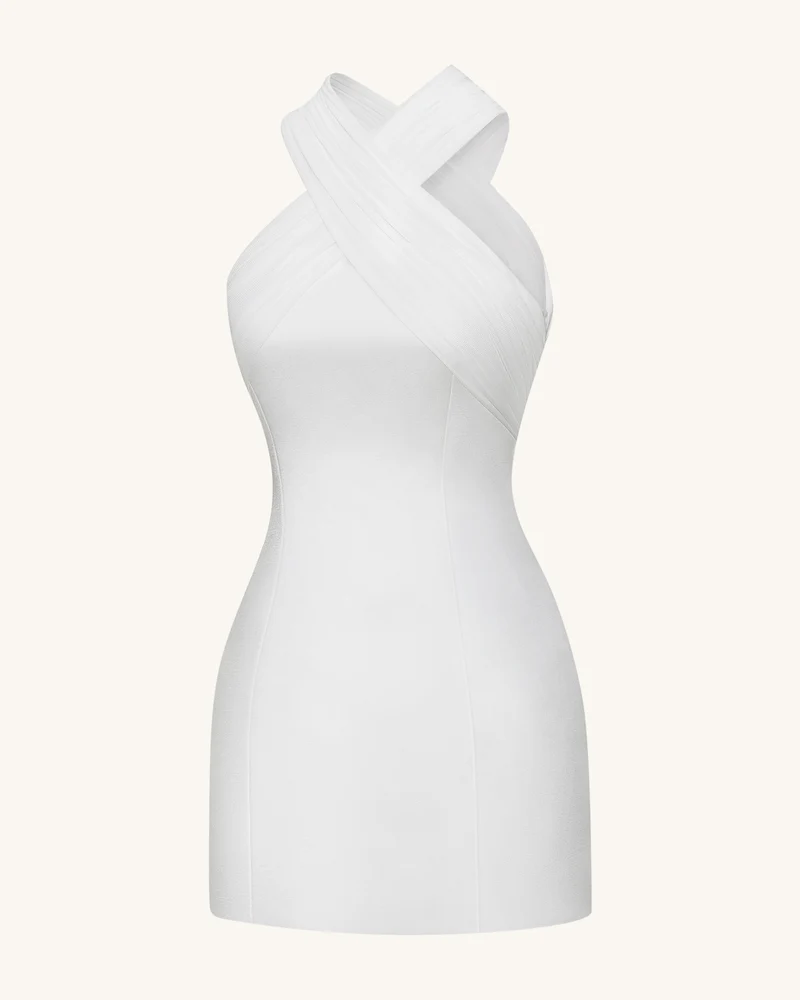 Satin-Minikleid mit gekreuztem Tüll-Neckholder – Weiß