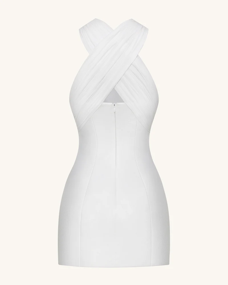 Satin-Minikleid mit gekreuztem Tüll-Neckholder – Weiß