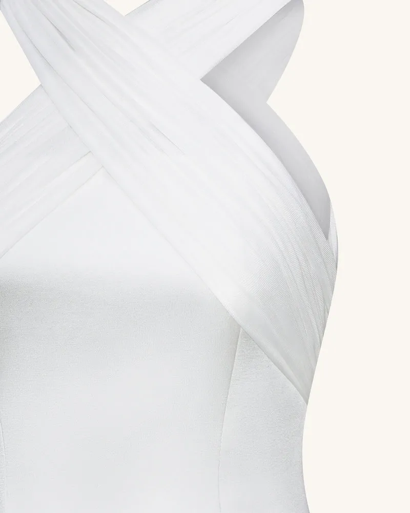 Satin-Minikleid mit gekreuztem Tüll-Neckholder – Weiß