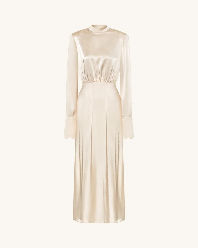 Figurbetontes Satin-Maxikleid mit Stehkragen und strukturierten Schultern - Creme