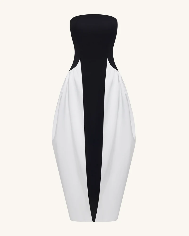 Monochromes trägerloses Maxikleid mit Paneelen und skulpturaler Form - Schwarz